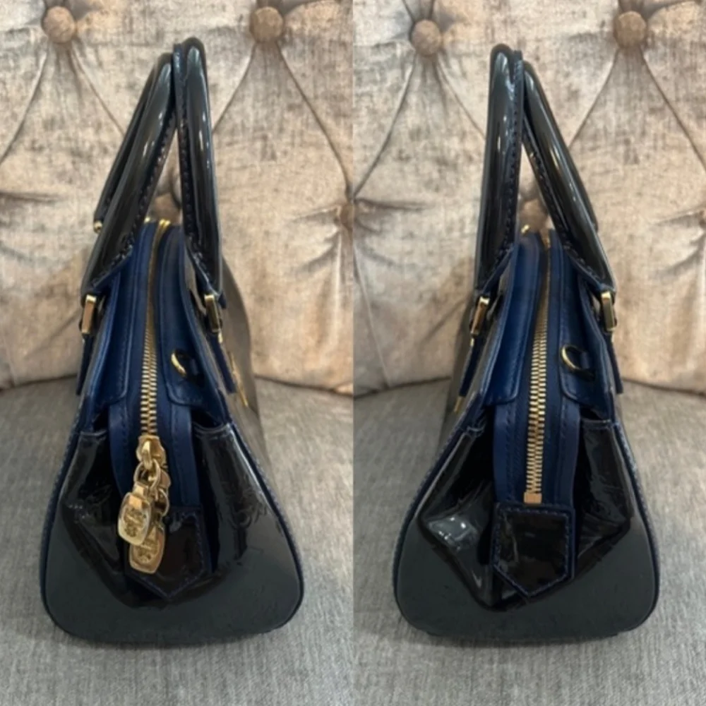 MCM Mini Boston Dark Green Navy Patent Leather Handbag